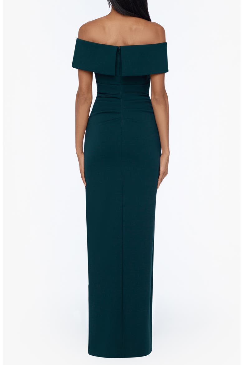 Ruched Off the Shoulder Crepe Gown, Alternate, color, PINE