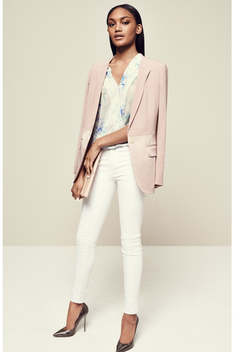 'Matte & Shine' Mixed Media Blazer, Alternate, color, BLACK