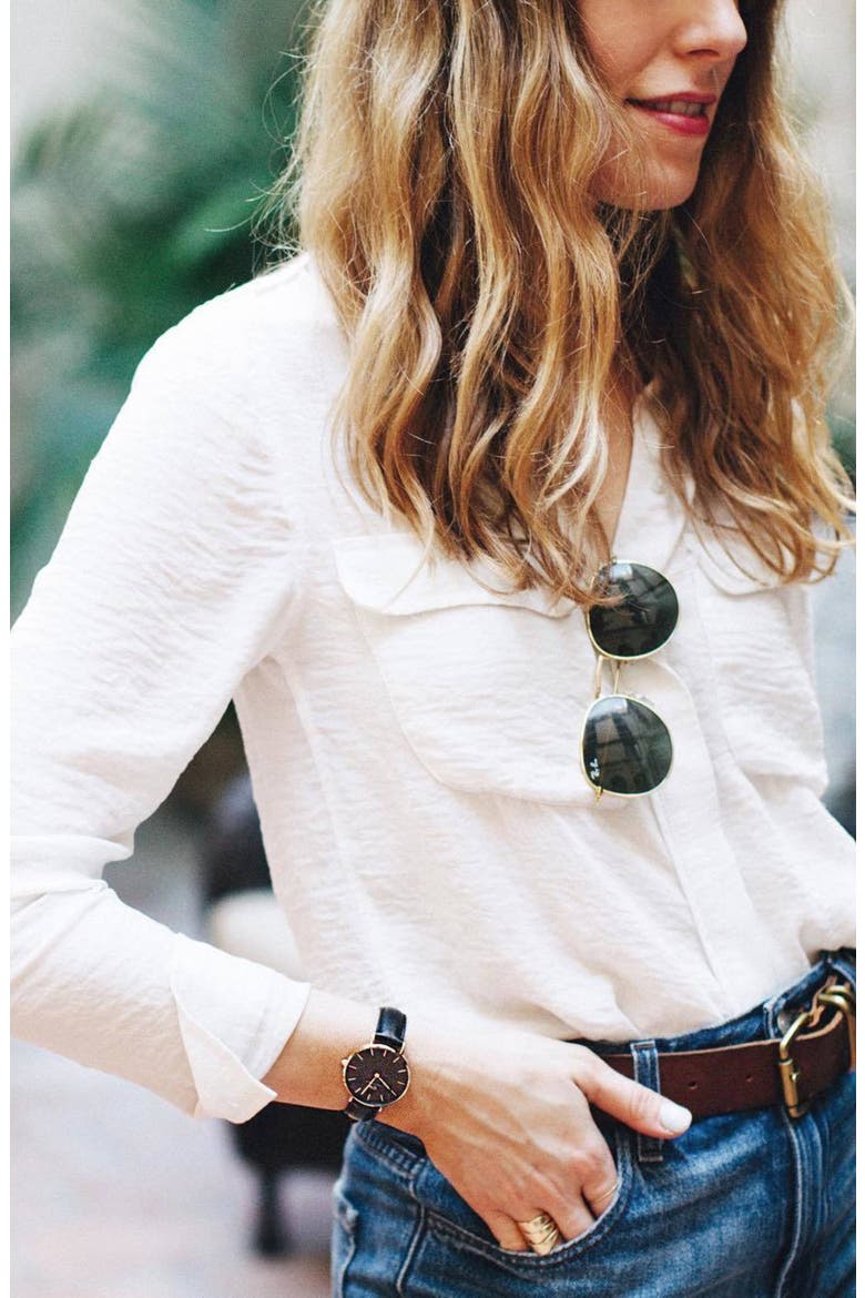 Classic Petite Leather Strap Watch, 28mm, Alternate, color, BLACK / ROSE GOLD