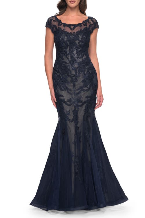 La Femme Mermaid Lace Dress With Cap Sleeves And Illusion Neckline In Navy