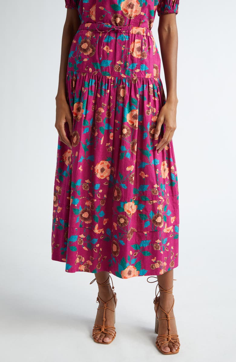 Ulla Johnson Anthia Floral Tiered Cotton Midi Skirt, Main, color, Ruby Flora