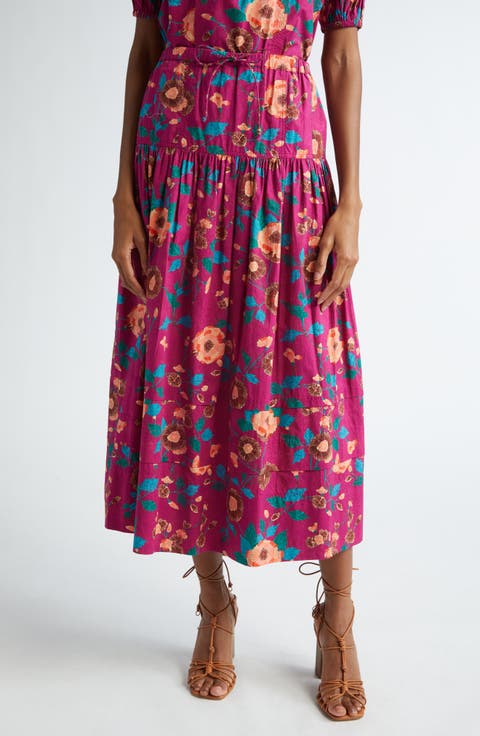 Anthia Floral Tiered Cotton Midi Skirt