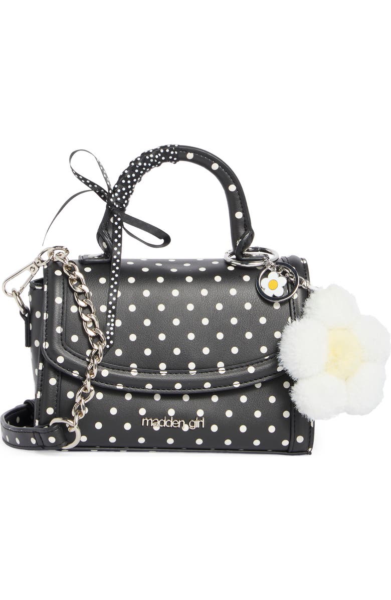 Madden Girl Daisy Charm Top Handle Crossbody Bag, Main, color, Black Polka Dots