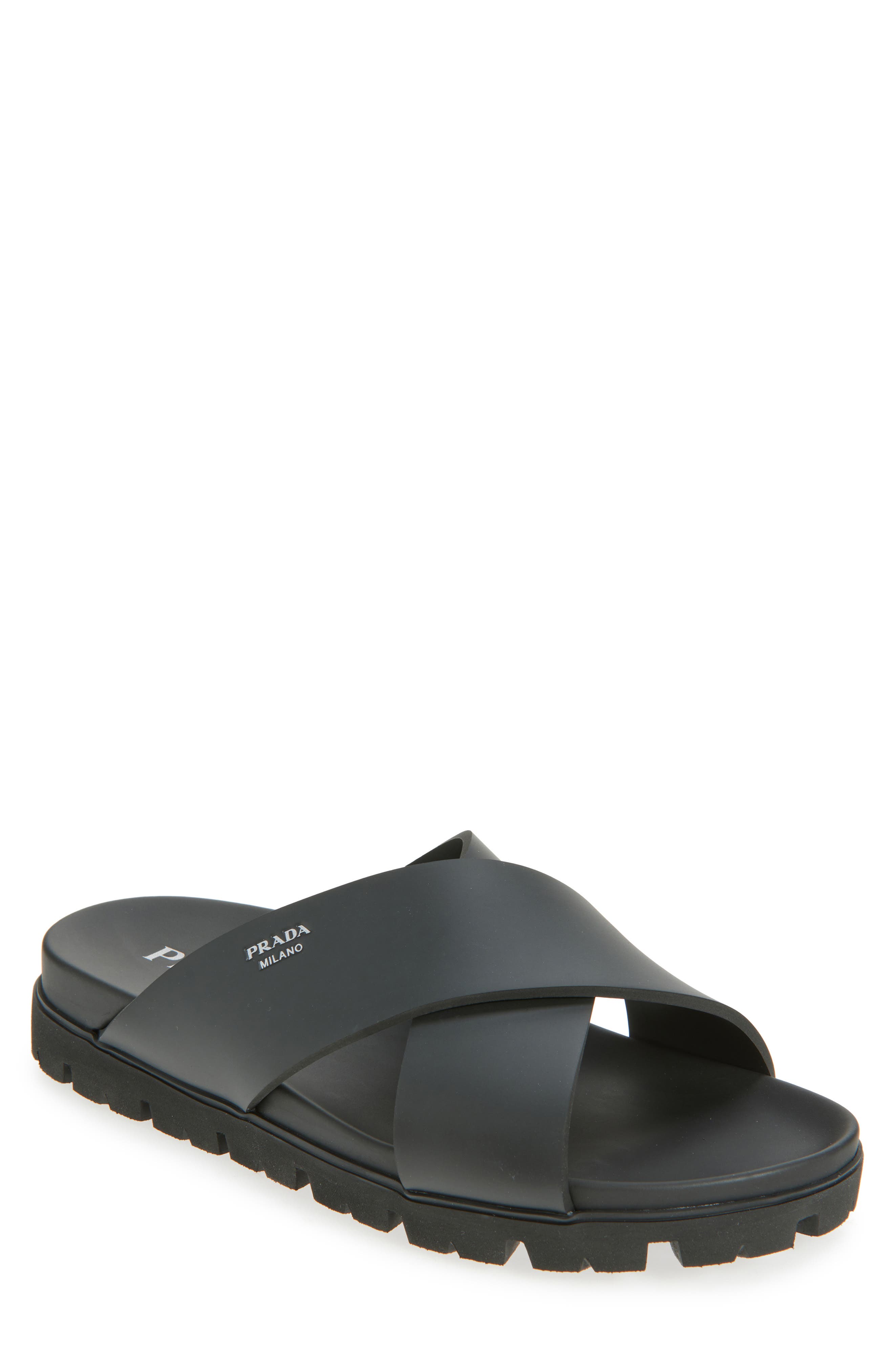 Prada Cross Strap Slide Sandal, Main, color, Nero