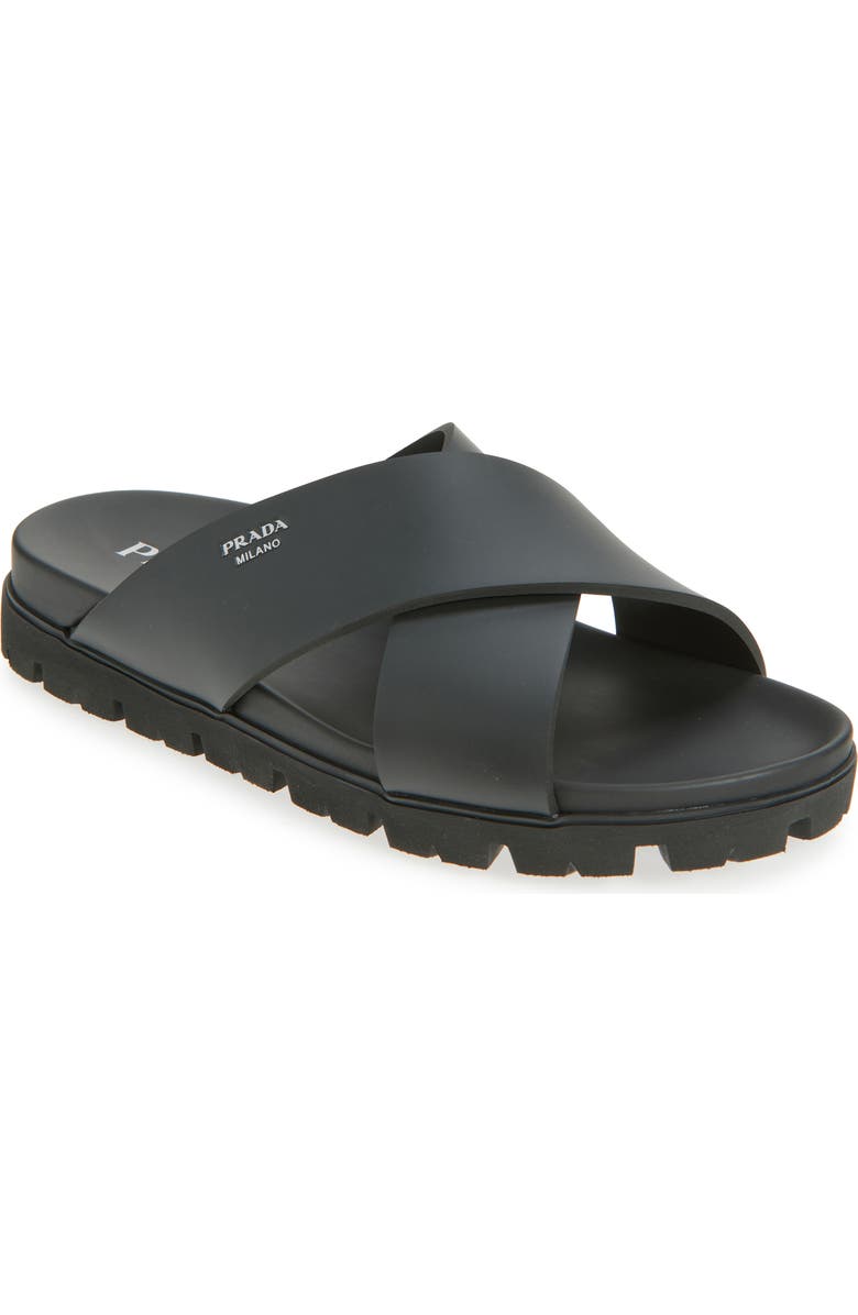 Prada Cross Strap Slide Sandal, Main, color, Nero