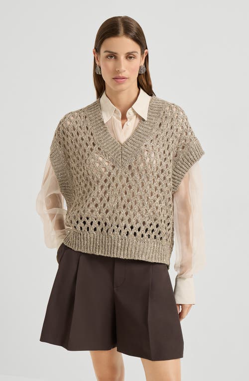 Brunello Cucinelli Beige Silk And Linen Dazzling Net Sweater In Brown