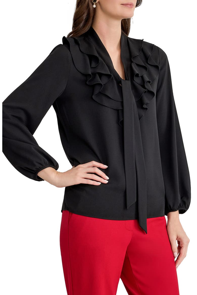 Ruffle Tie Neck Top, Alternate, color, BLACK