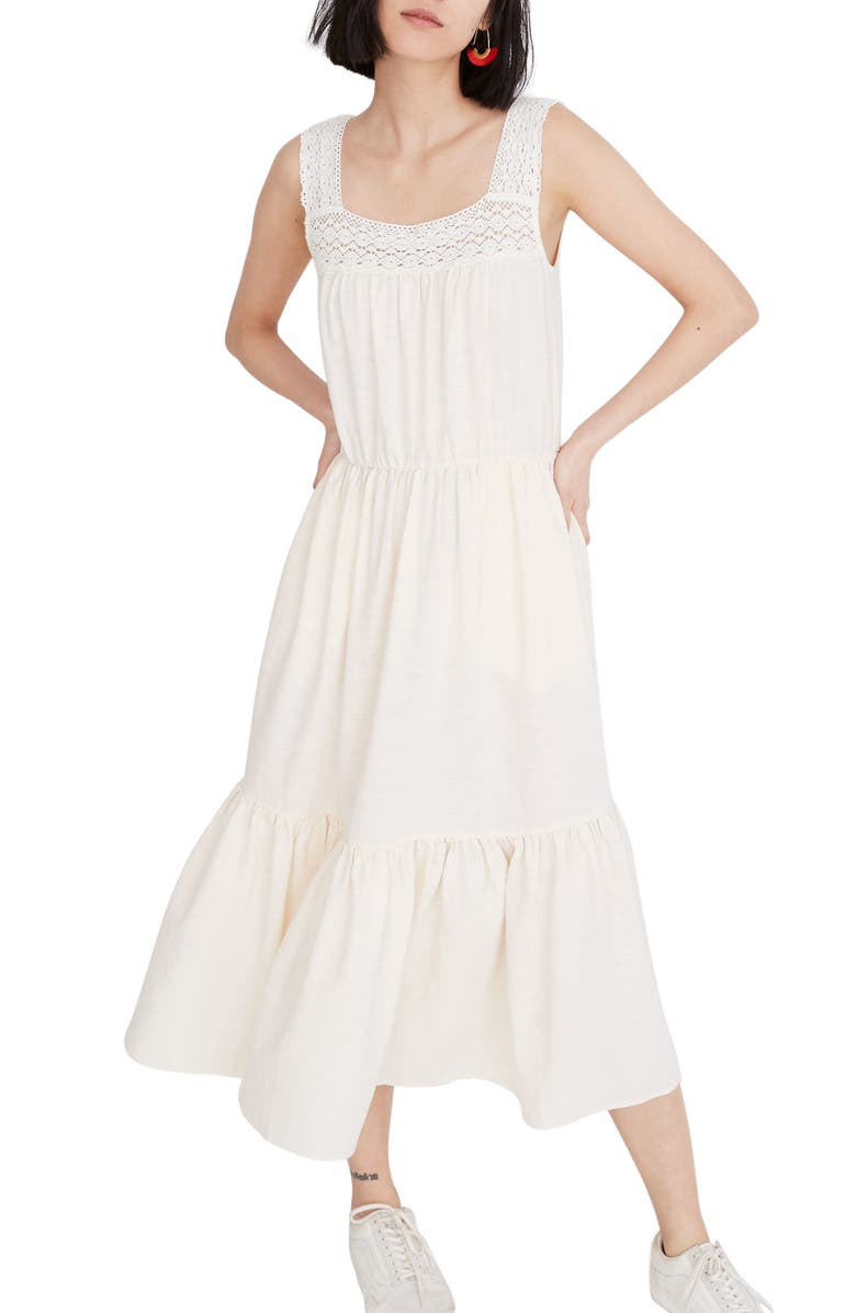 Madewell Crochet Strap Tiered Midi Dress, Main, color,