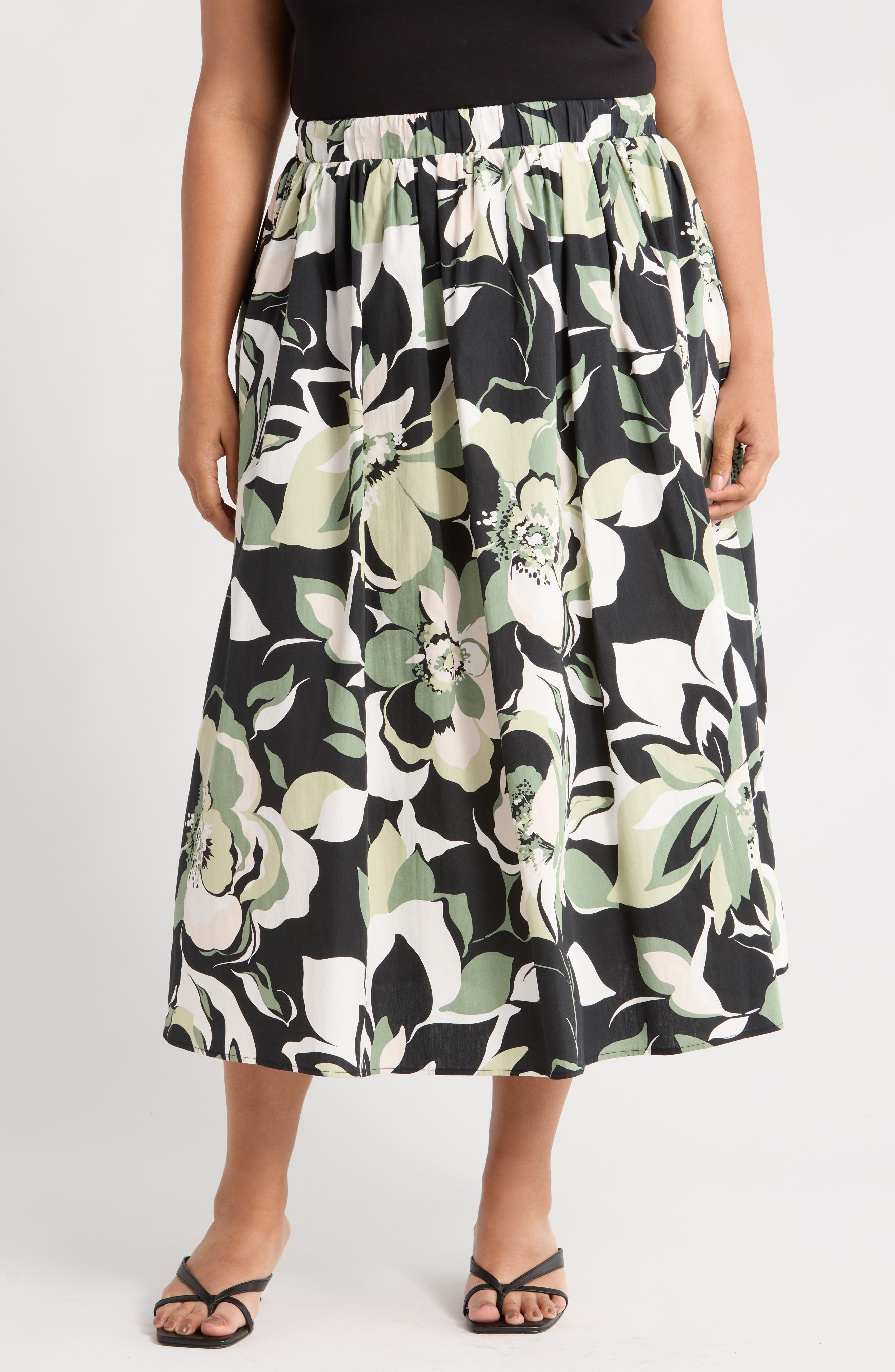 Renee C Floral Stretch Cotton Midi Skirt
