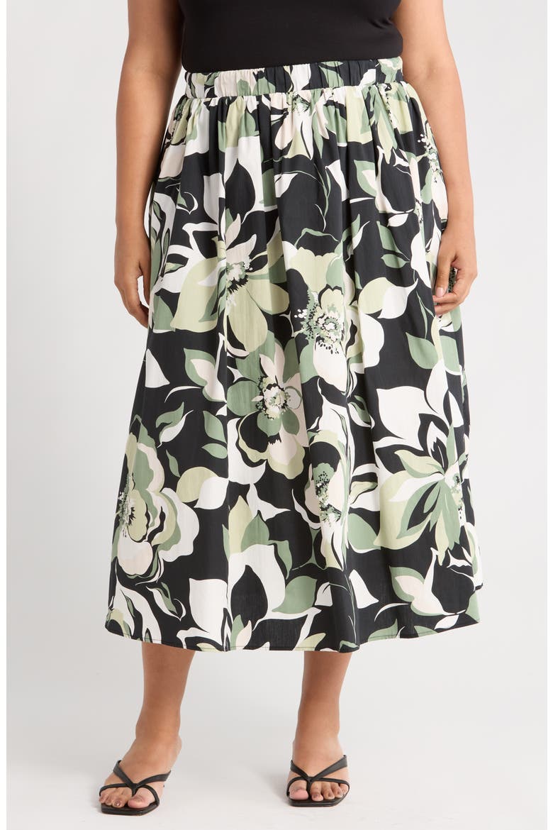 Floral Stretch Cotton Midi Skirt, Main, color, OLIVE MULTI