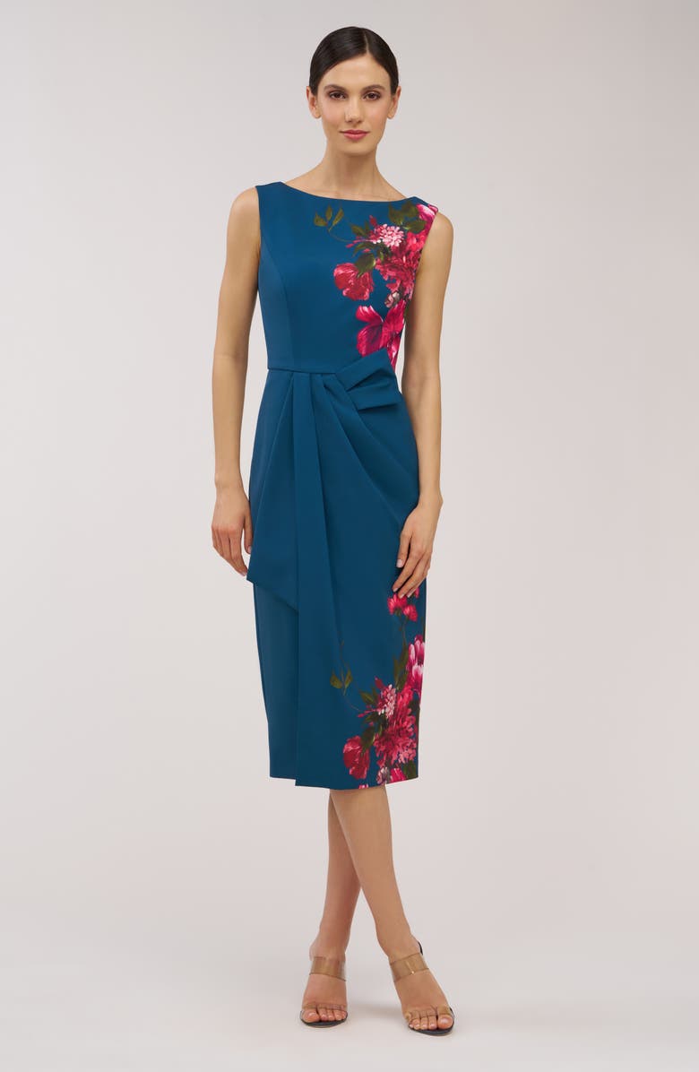 Kay Unger Devin Placement Print Pleated Midi Cocktail Dress, Alternate, color, Blue Opal Multi