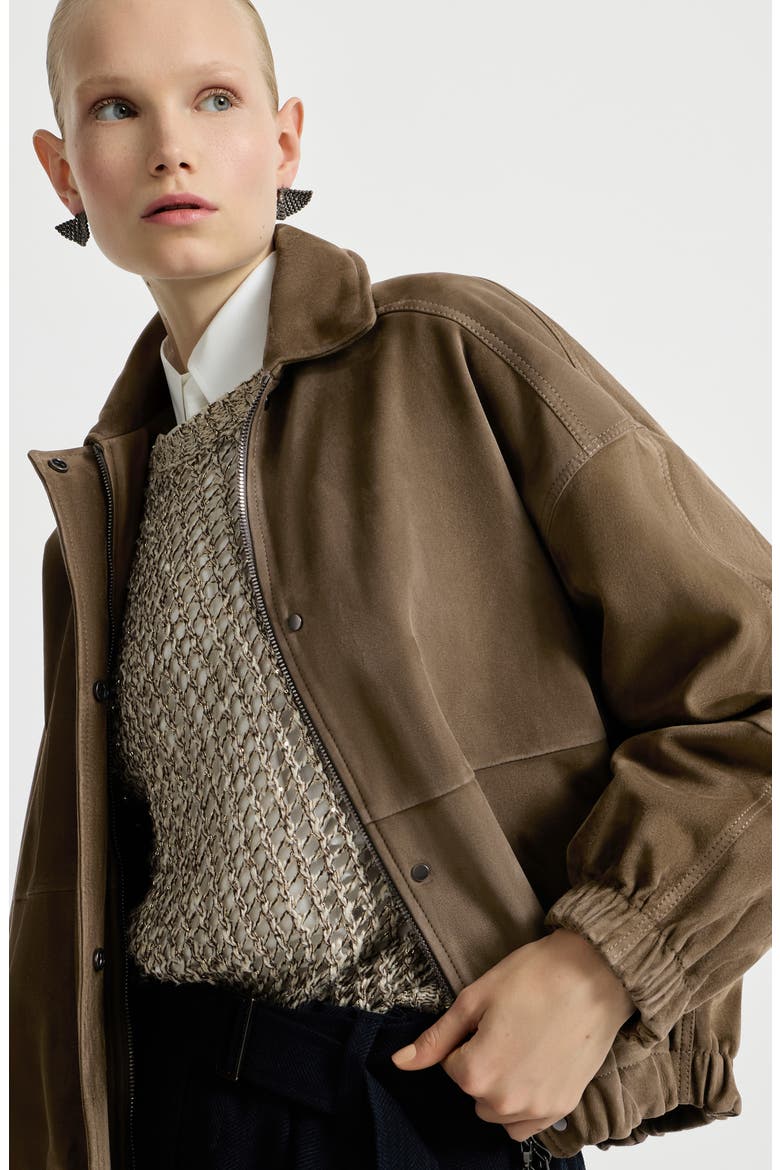 Couture suede outerwear jacket with shiny zipper pull, Alternate, color, Origano