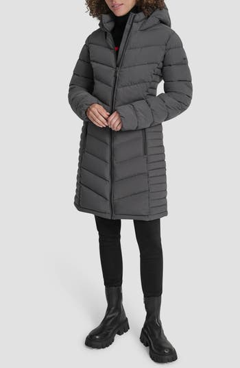 Dkny Cire Packable Hooded Longline Puffer Jacket In Gray