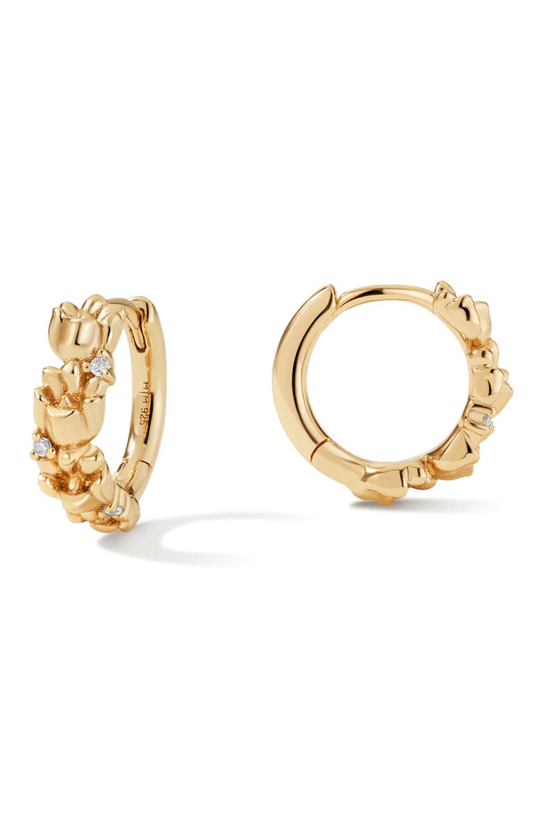 Cubic Zirconia Birthstone Flower Huggie Hoop Earrings, Main, color, GOLD MAY