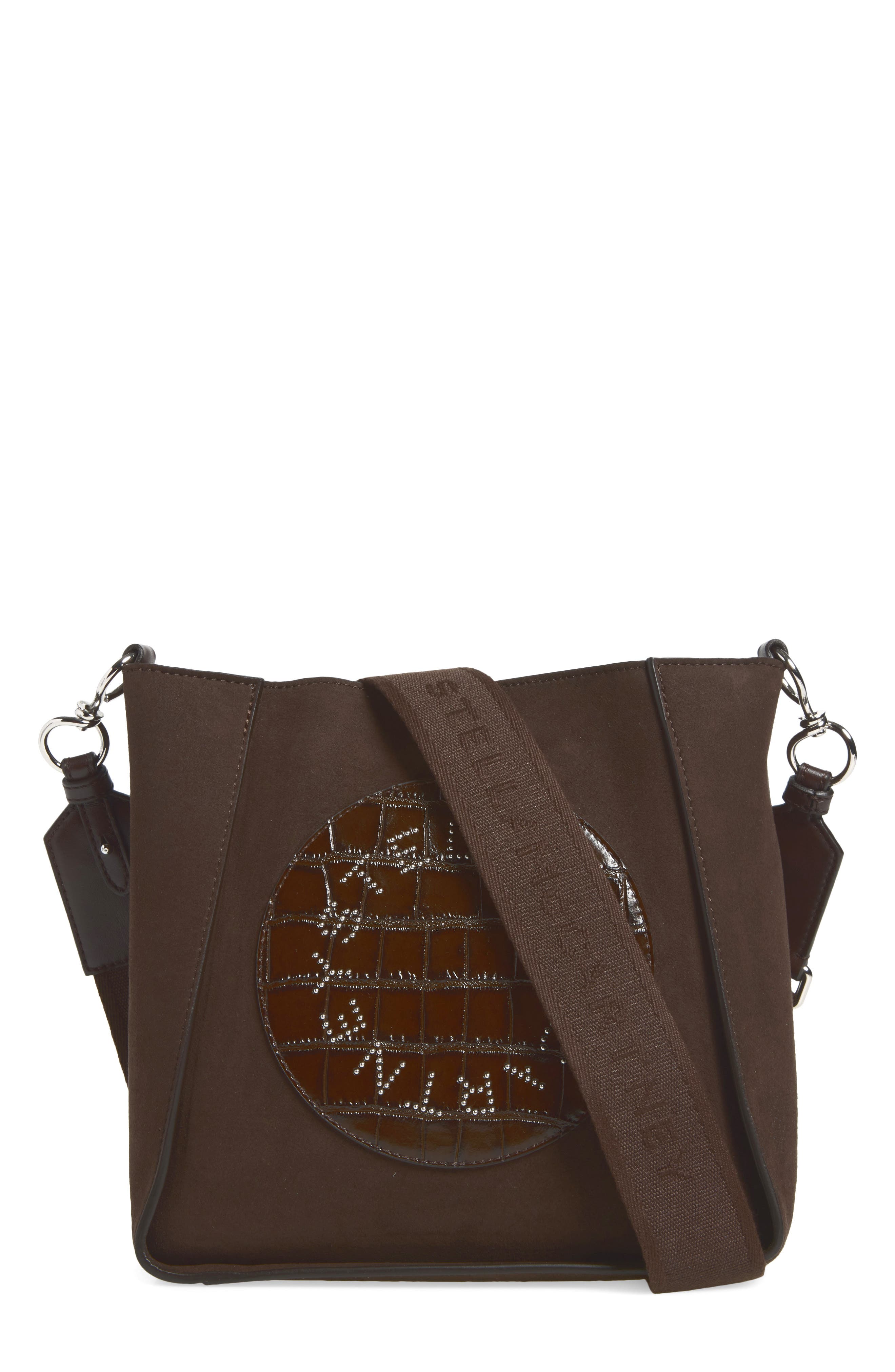 Logo Faux Suede Crossbody Bag, Main, color, COFFEE