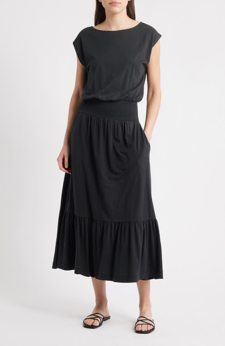 Nation LTD Evonne Smock Waist Pima Cotton Knit Dress, Main, color, Jet Black