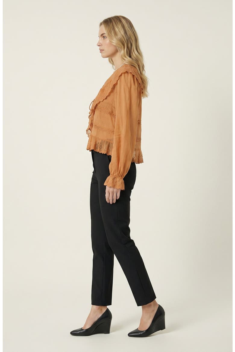 Ruffled Lace Trim Lightweight Tie Front Blouse, Alternate, color, Orange