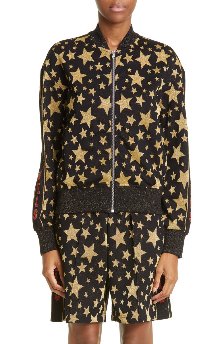 Palm Angels Star Metallic Jacquard Bomber Track Jacket, Main, color, 