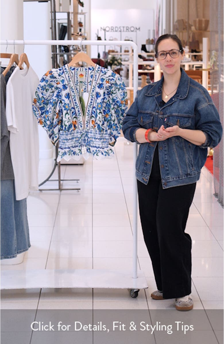 Floral Plunge Neck Smocked Top, sales video thumbnail