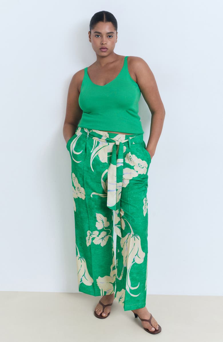 MANGO Floral Belted Pants, Alternate, color, Green