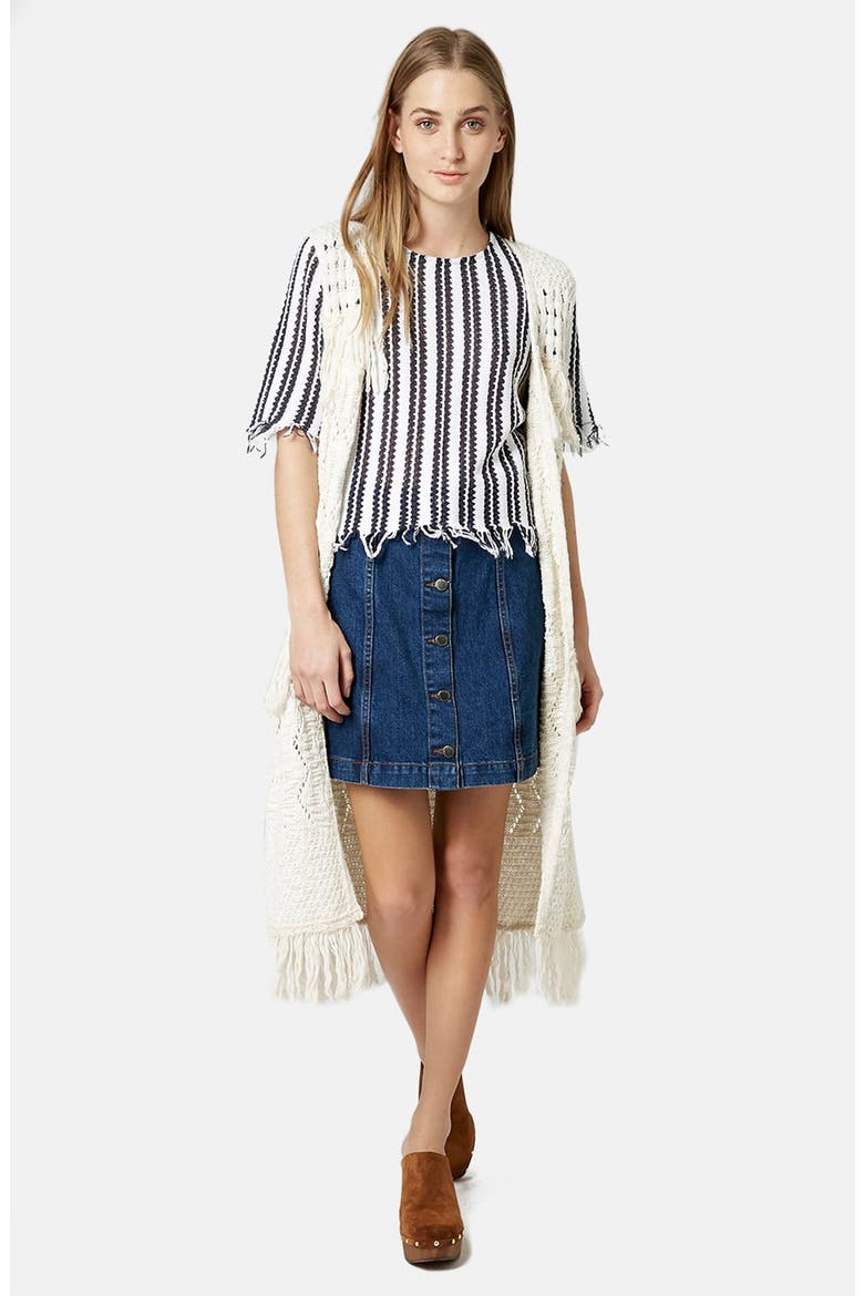 Moto Button Front Denim Miniskirt, Alternate, color, MID DENIM