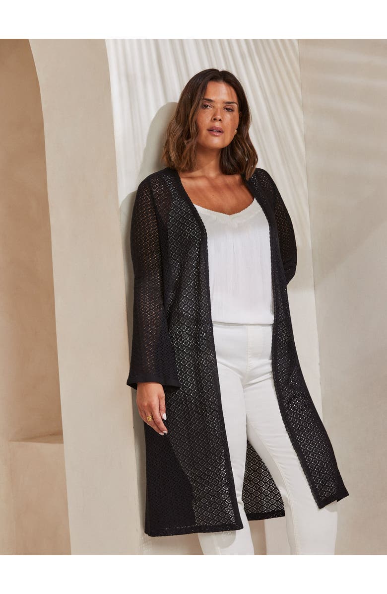 Live Unlimited Longline Crochet Knit Cardigan, Main, color, Black