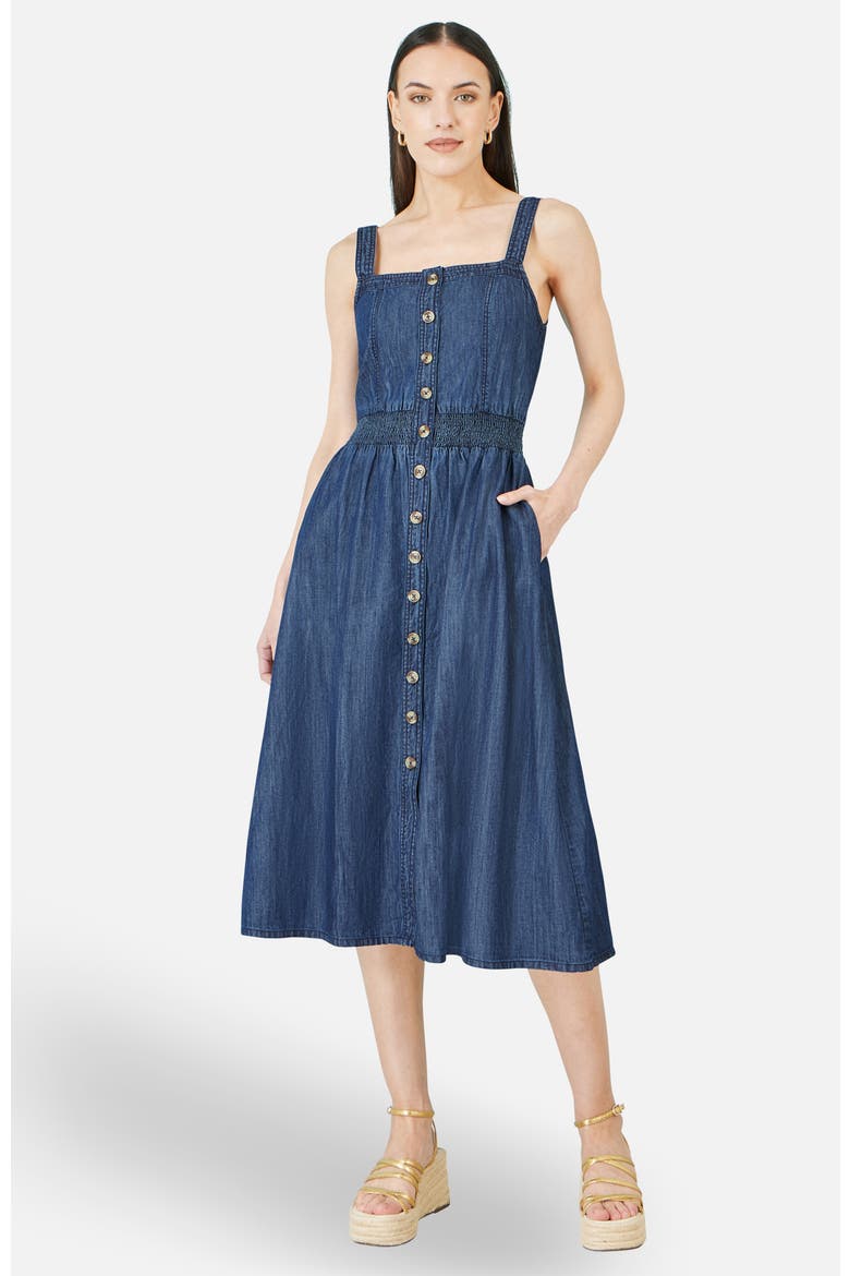 Chambray Cotton Ruched Midi Sun Dress, Alternate, color, Blue