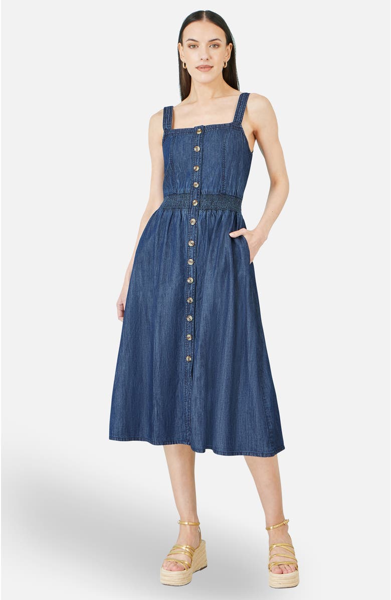 Yumi Chambray Cotton Ruched Midi Sun Dress, Alternate, color, Blue