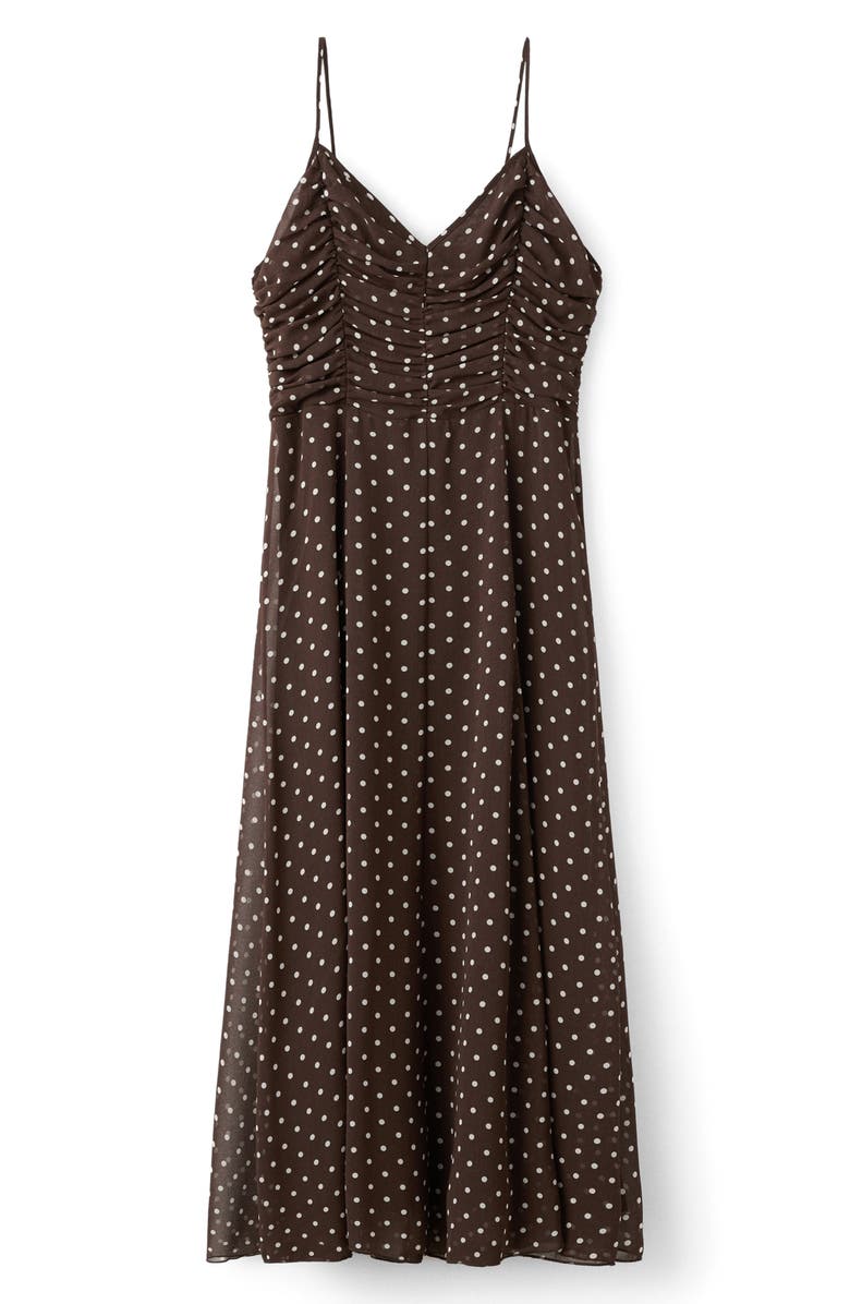 MANGO Ruched Dot Sleeveless Maxi Dress, Main, color, Chocolate