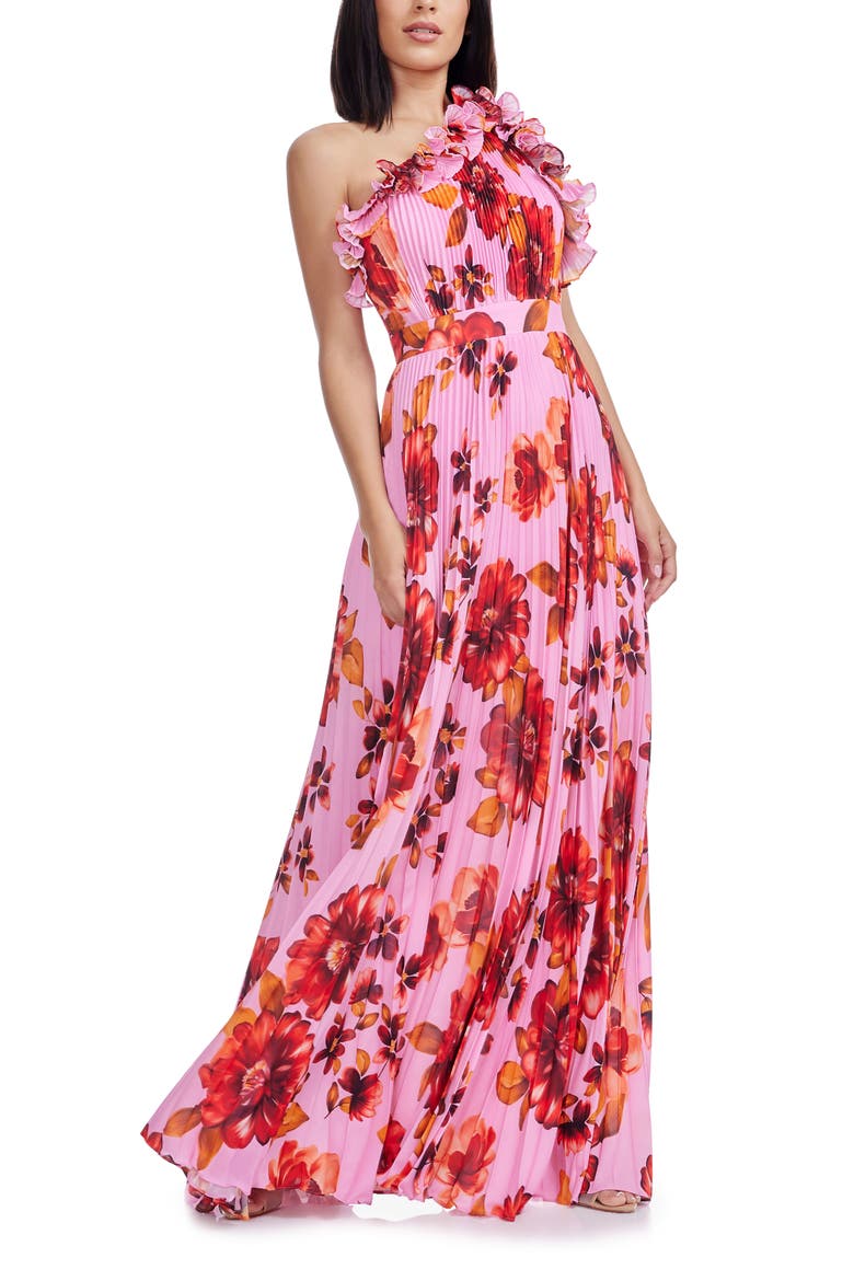 Vida Ruffle & Pleat Evening Gown, Main, color, BRIGHT ROSE
