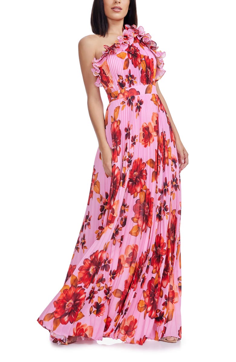 Dress the Population Vida Ruffle & Pleat Evening Gown, Main, color, Bright Rose