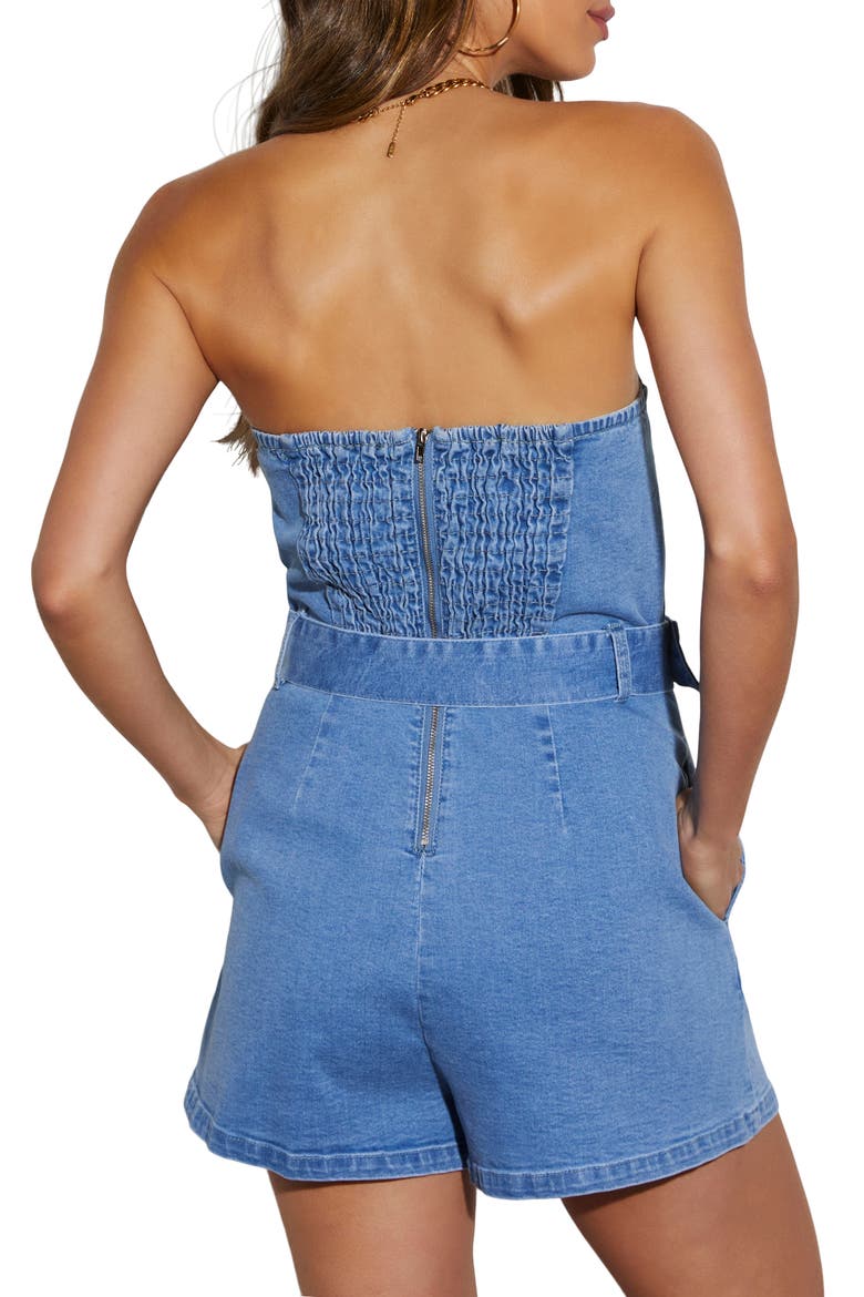 Belted Strapless Stretch Denim Romper, Alternate, color, DENIM BLUE