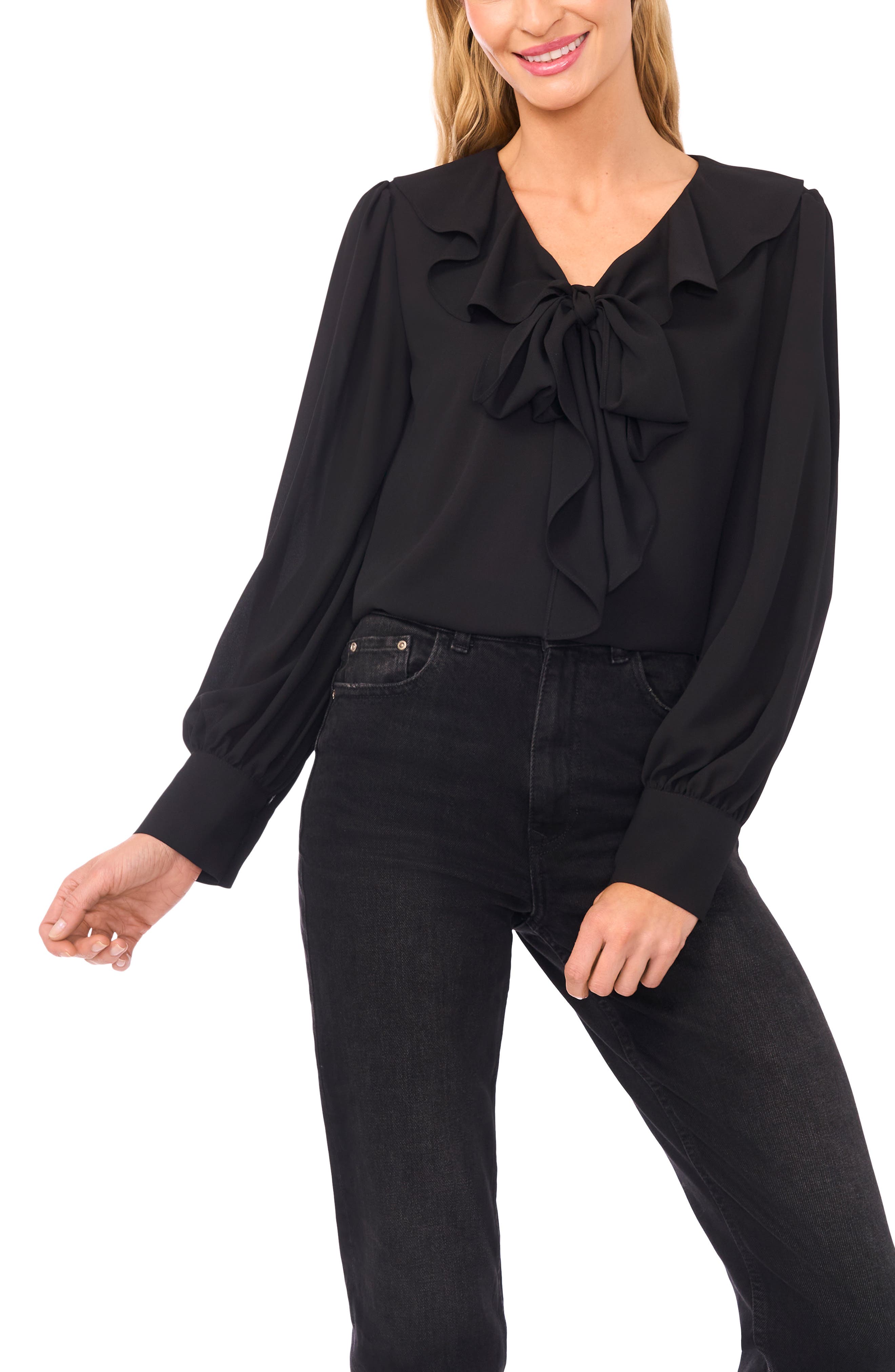 Ruffle Tie Neck Long Sleeve Georgette Top