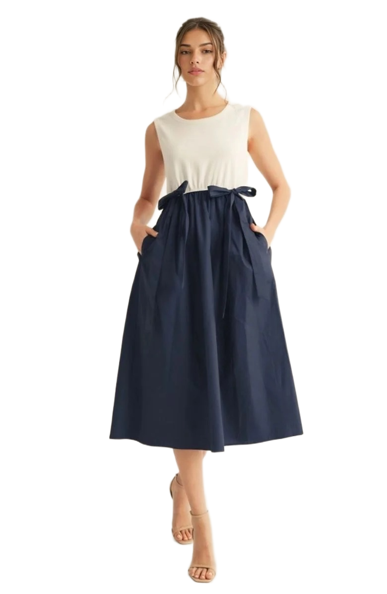Knit and Lounge Sleeveless Contrast Midi Dress with Waist Bow Tie and Pockets, Main, color, White / Navy