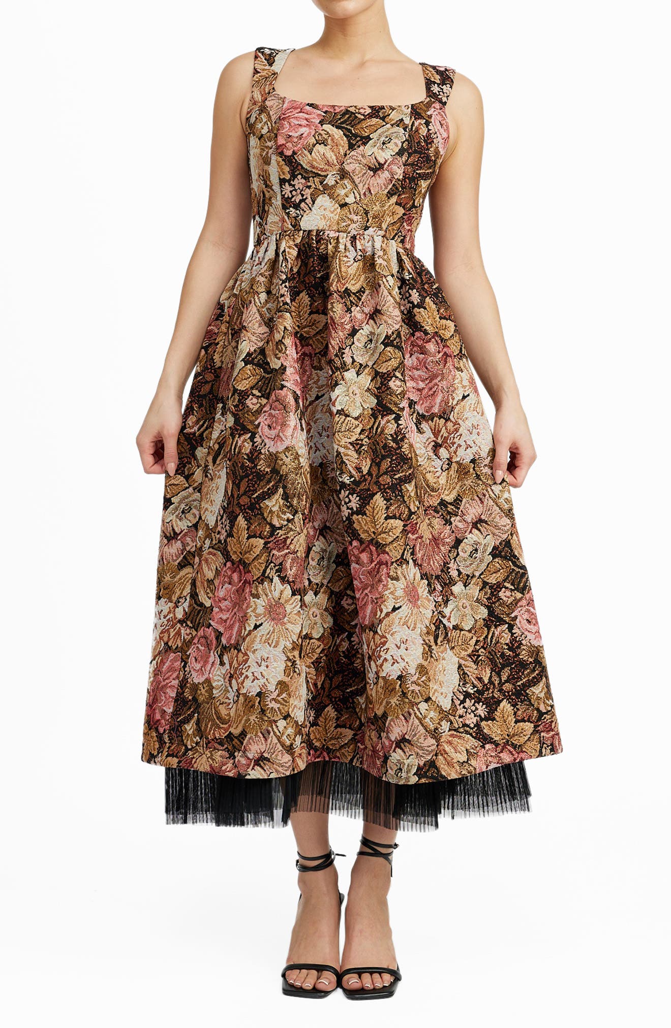 En Saison Carey Jacquard Lace-Up Back Midi Dress in Pink Gold 