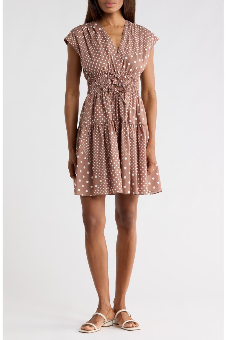 Tora Floral Print Shirred Dress, Main, color, TAN POLKA DOT