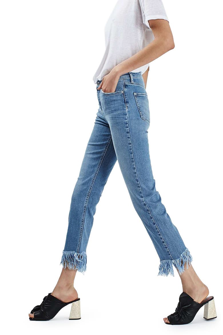 Fringe Hem High Rise Jeans, Alternate, color, MID DENIM