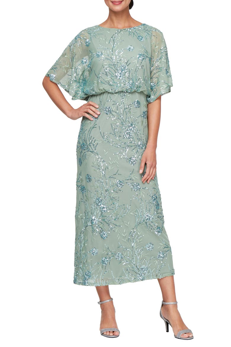 Sequin Blouson Bodice Gown, Main, color, SAGE