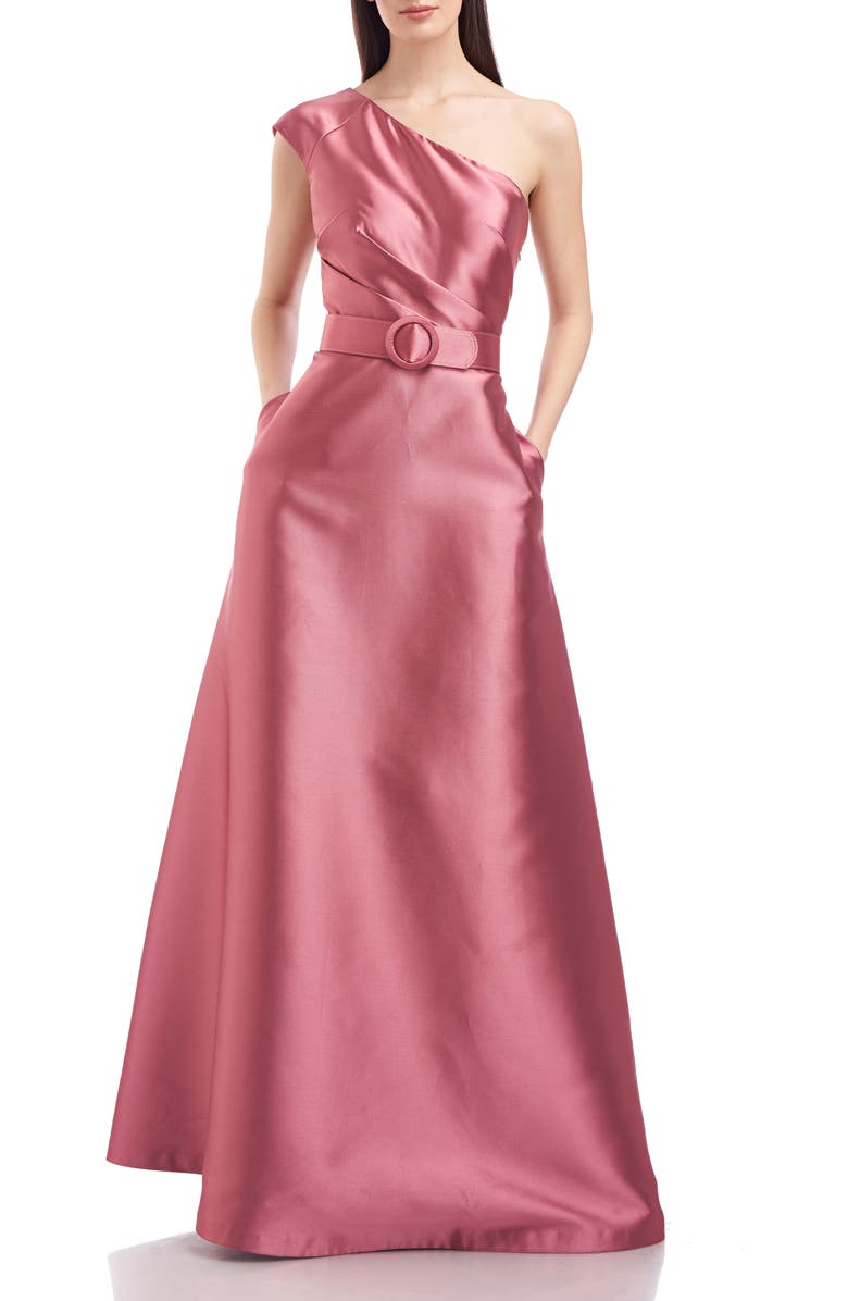 Kay Unger Estella One Shoulder A-Line Satin Gown, Main, color,