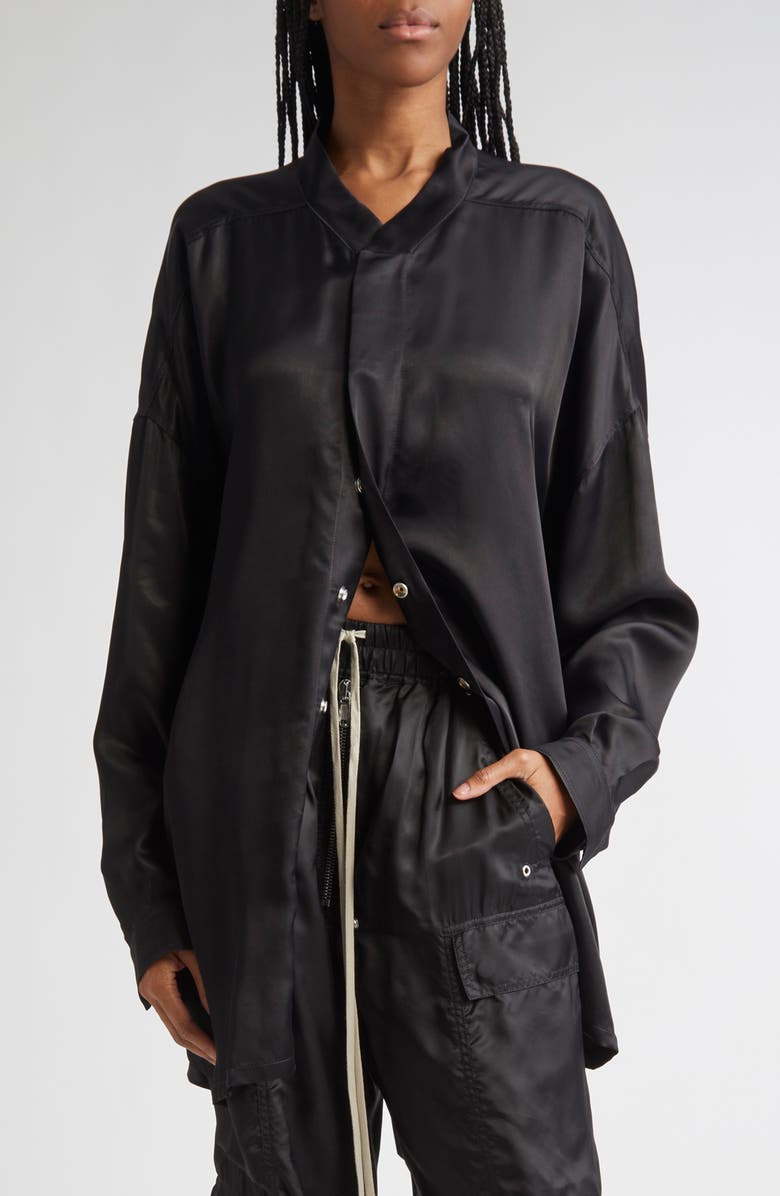 Rick Owens Long Sleeve Belted Satin Minidress, Main, color, Black