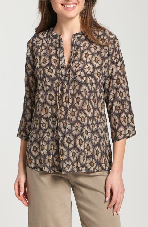 Print Tassel Split Neck Chiffon Top