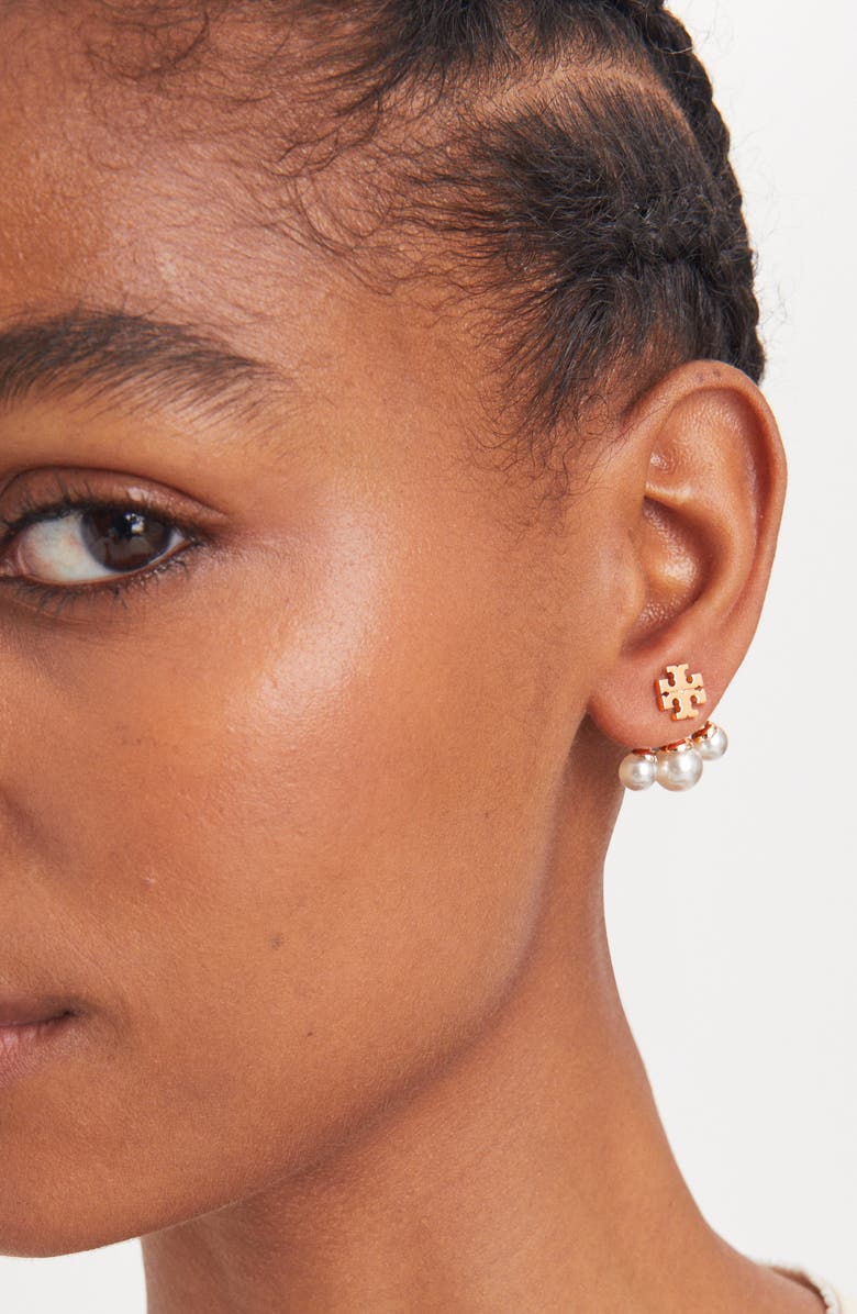 Tory Burch Moondance Pearl Front-Back Earrings, Alternate, color, Tory Gold / Cream