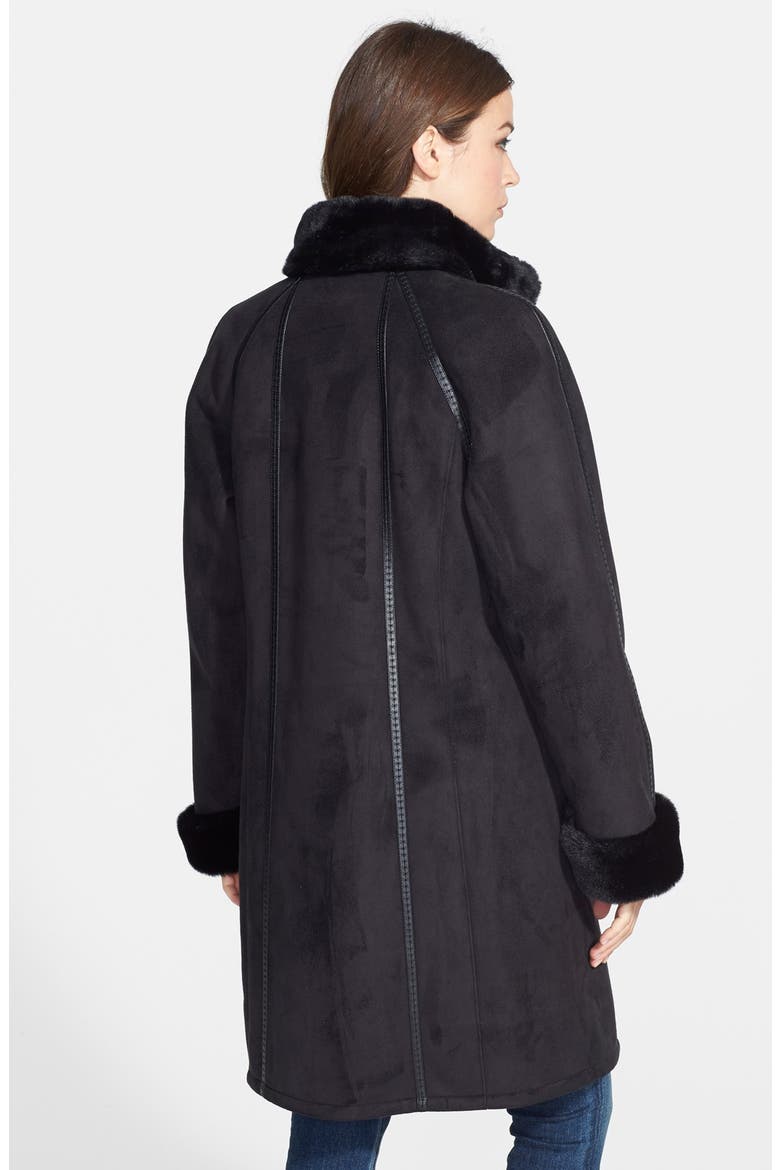 Long Faux Shearling Coat with Faux Fur Trim, Alternate, color, BLACK