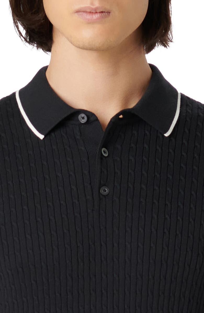 Bugatchi Tipped Rib Cable Stitch Polo Sweater, Alternate, color, Black
