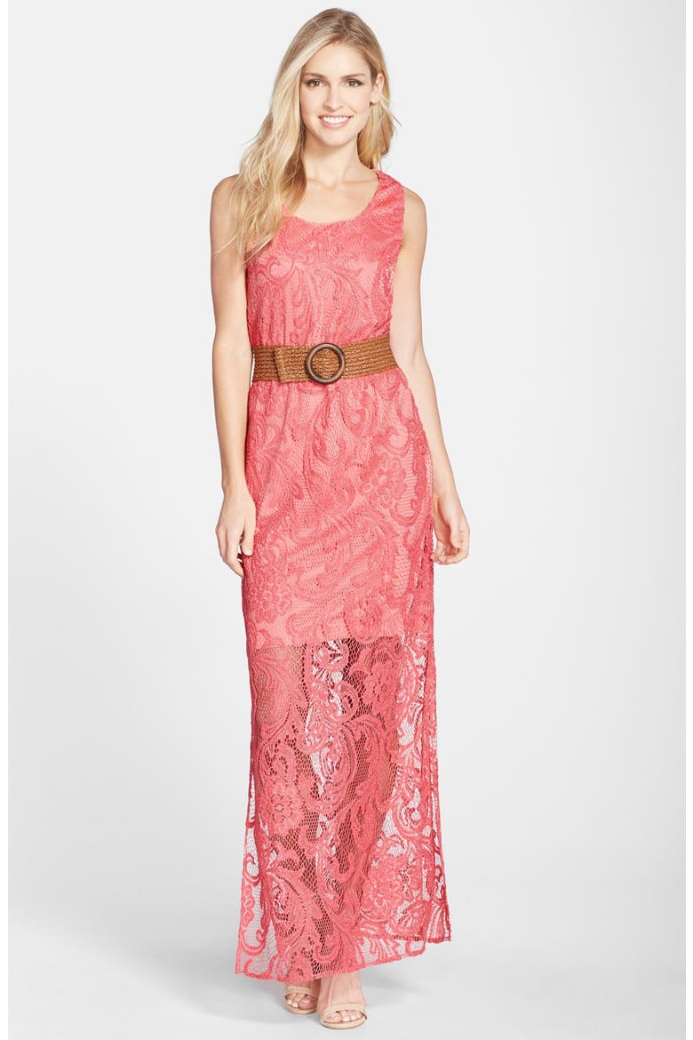Belted Lace Maxi Dress, Main, color, CORAL