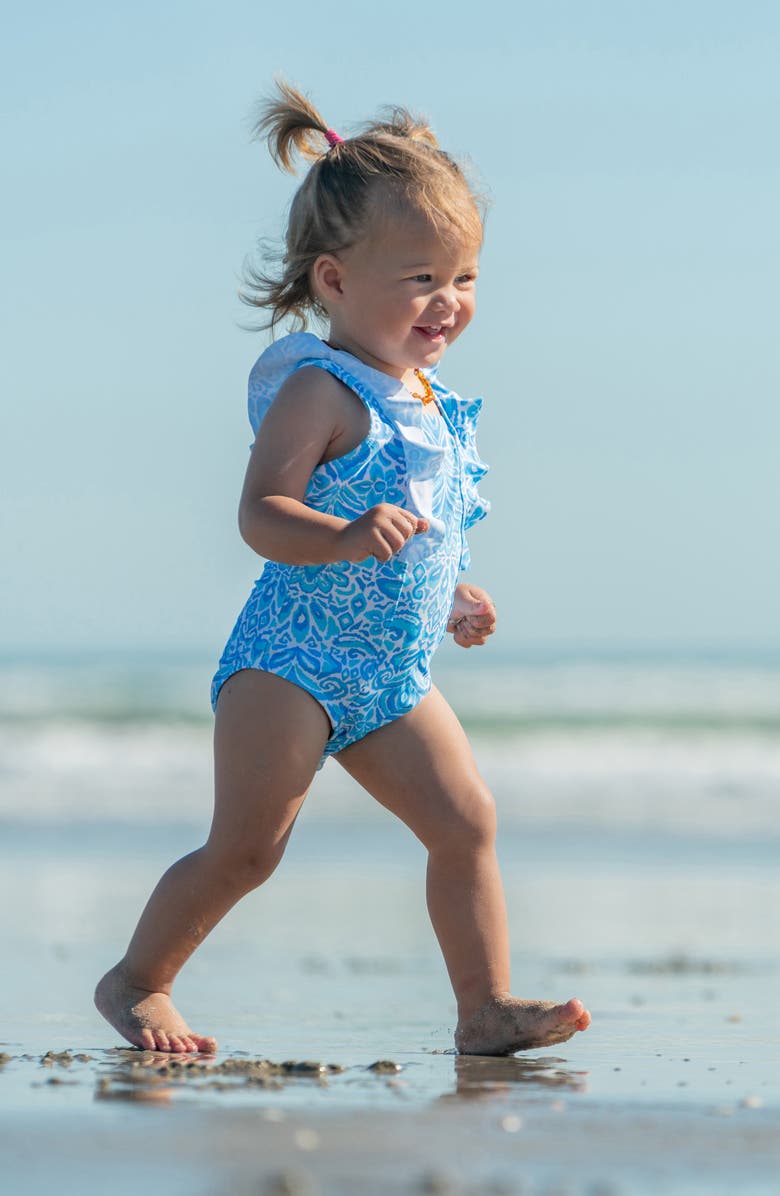 Snapper Rock Santorini Blue Ruffle One-Piece Swimsuit, Alternate, color, 