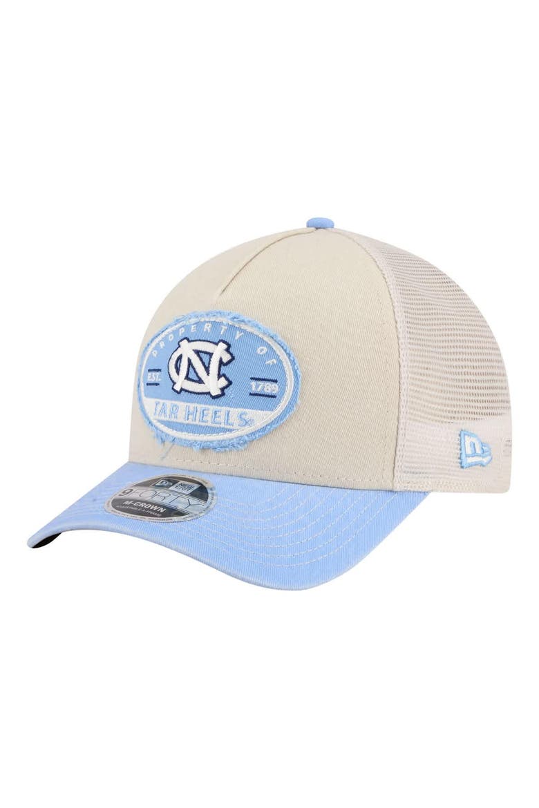 Men's New Era  Stone/Carolina Blue North Carolina Tar Heels Frayed Patch 9FORTY M-Crown A-Frame Trucker Adjustable Hat, Main, color, Stone