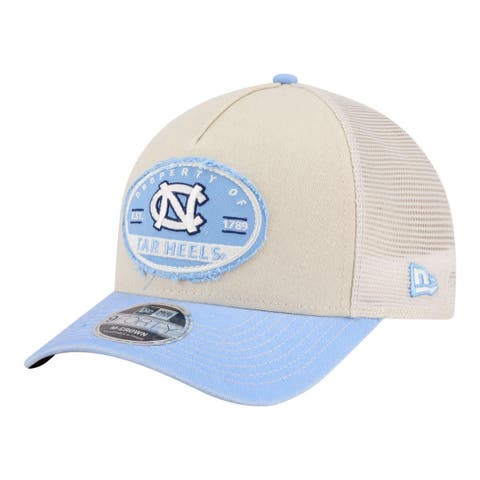 Men's New Era  Stone/Carolina Blue North Carolina Tar Heels Frayed Patch 9FORTY M-Crown A-Frame Trucker Adjustable Hat