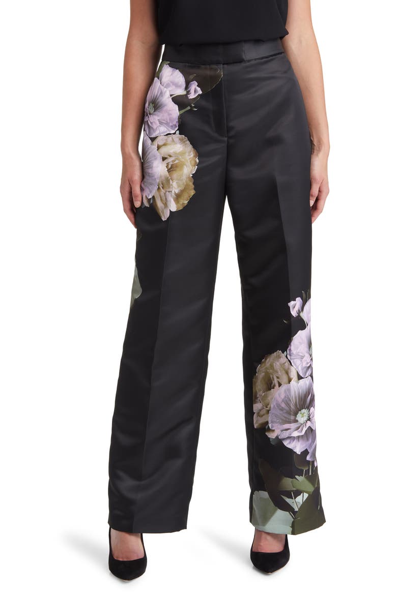 Nayaat Floral High Waist Wide Leg Trousers, Main, color, BLACK