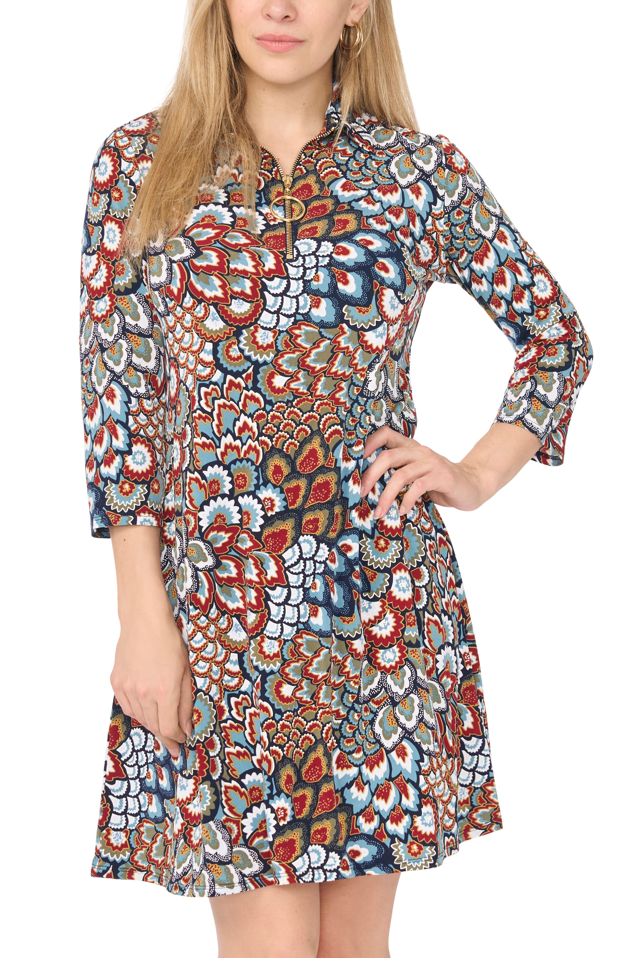 MSK Print Stand Collar Ring Zip Swing Dress (Women) | Nordstromrack